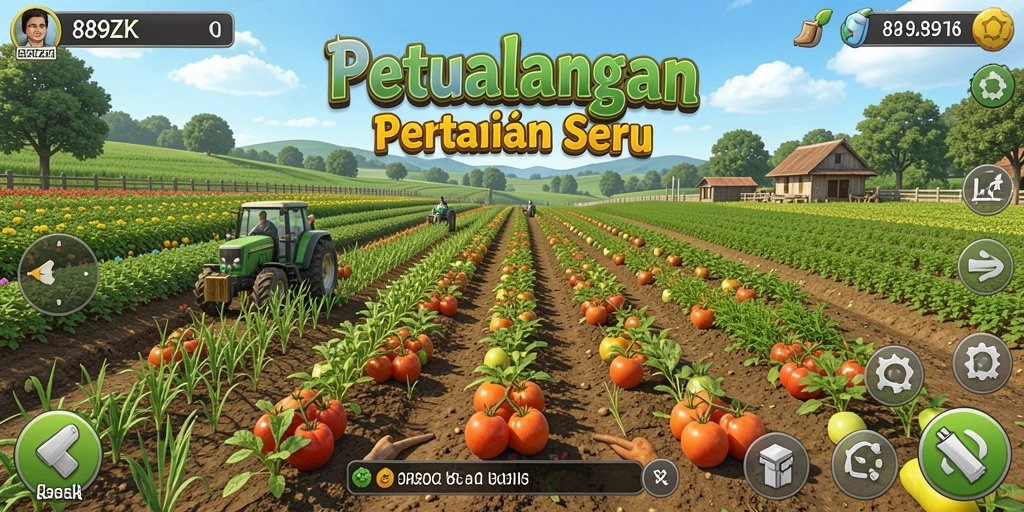 Tampilan layar utama <strong>889ZK</strong> dengan ladang yang subur dan hewan ternak.