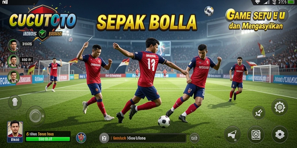 Tampilan gameplay seru di CUCUTOTO dengan aksi sepak bola yang mendebarkan.