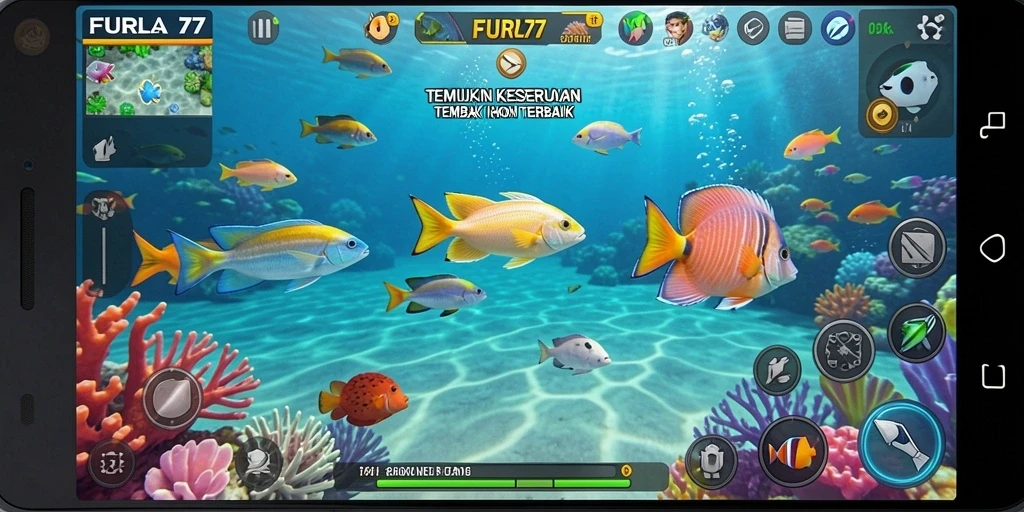 Screenshot gameplay FURLA77 menampilkan aksi seru menangkap ikan.