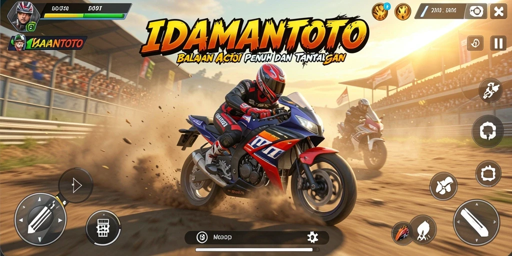 Screenshot gameplay IDAMANTOTO menampilkan aksi balapan motor yang mendebarkan.