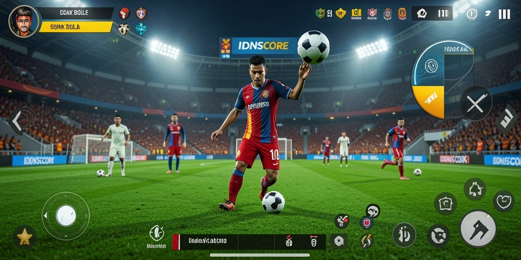 Screenshot gameplay IDNSCORE menampilkan aksi seru dalam pertandingan sepak bola.