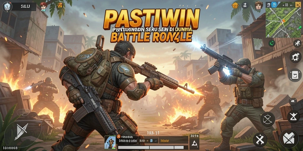 Tangkapan layar utama PASTIWIN menampilkan aksi seru dalam pertempuran Battle Royale.