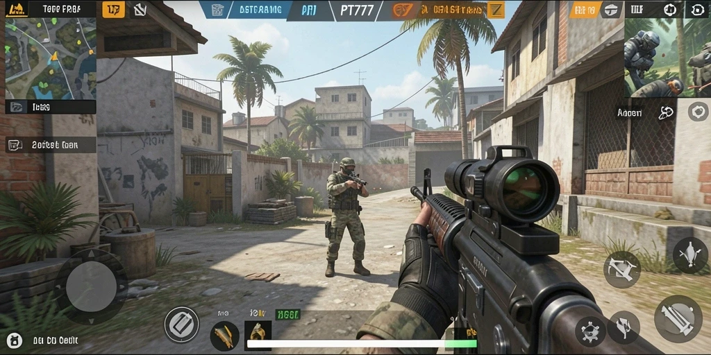 Tangkapan layar menampilkan aksi mendebarkan dalam gameplay FPS PT777.