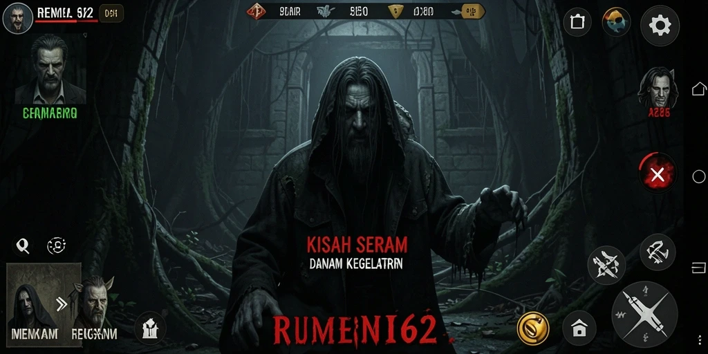 Screenshot gameplay REMI62 menampilkan momen seram dalam kegelapan.
